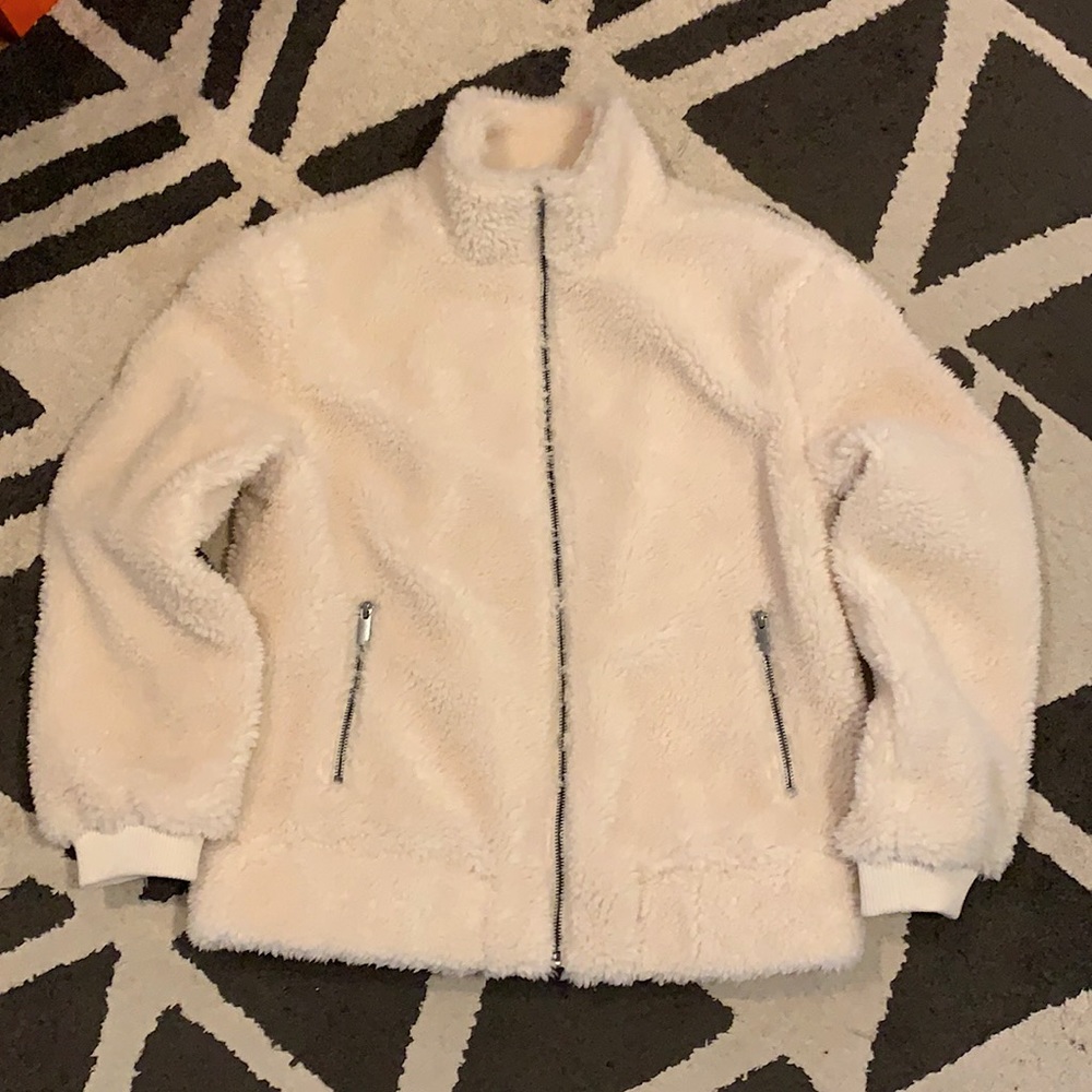Cream Faux Fur Plush Teddy Bomber Jacket